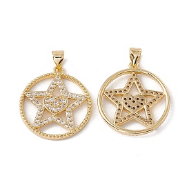 Brass Micro Pave Clear Cubic Zirconia Pendants, Cadmium Free & Nickel Free & Lead Free, Rack Plating, Flat Round with Star Pattern