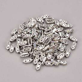 Brass Rhinestone Bridge Spacers, Grade A, Hexagon, Platinum Color, 11x4.5x3mm, Hole: 1mm
