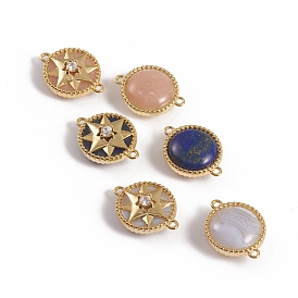 Natural Gemstone Links Connectors, with Golden Plated Brass Findings and Cubic Zirconia, Long-Lasting Plated, Flat Round with Star
