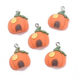 Opaque Resin Pendants, with Platinum Tone Iron Loops, Pumpkin House