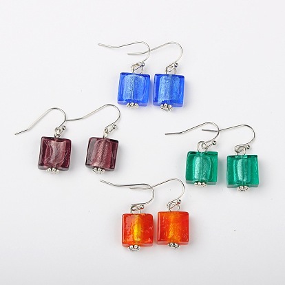 Pendientes de cristal de la hoja de plata hecho a mano, con los ganchos del pendiente de bronce, plaza, Platino, 28 mm, pin: 0.5