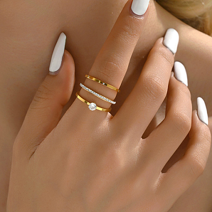 3 piezas 3 conjunto de anillos de dedo finos simples de acero inoxidable estilo, anillos apilables de circonita cúbica