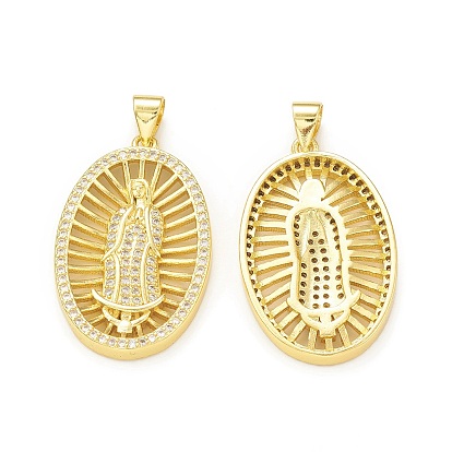 Enrubanneuse en laiton micro pavé en zirconium cubique pendentifs, sans cadmium et sans plomb, plaqué longue durée, réel 18 k plaqué or, charme ovale avec motif religion vierge marie