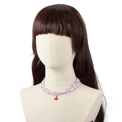 4Pcs 4 Style Natural Rose Quartz & Glass Seed Beaded Necklaces Set, Alloy Enamel Heart Charm Necklaces for Women