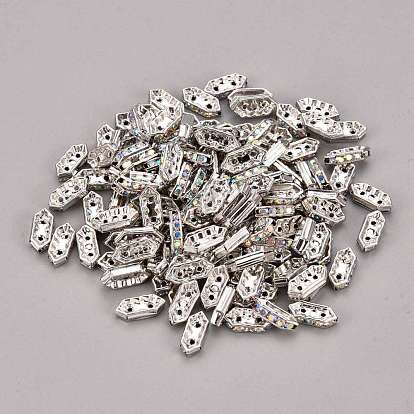 Brass Rhinestone Bridge Spacers, Grade A, Hexagon, Platinum Color, 11x4.5x3mm, Hole: 1mm