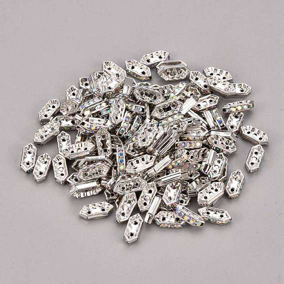 Brass Rhinestone Bridge Spacers, Grade A, Hexagon, Platinum Color, 11x4.5x3mm, Hole: 1mm