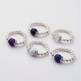 Gemstone Stretch Rings, with Silver Color Plated Brass Beads, Round