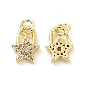 Brass Micro Pave Clear Cubic Zirconia Charms, with Jump Ring, Star Lock
