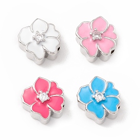 Brass Micro Pave Cubic Zirconia Beads, with Enamel, Cadmium Free & Lead Free, Long-Lasting Plated, Flower