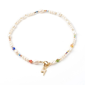 Lightning Brass Enamel Pendants Necklaces, with Natural Pearls and Glass Beads, Brass Beads, 304 Stainless Steel Toggle Clasps
