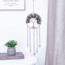 Каплевидные стеклянные ловцы солнца, Дерево жизни натуральные ракушечные чипсы подвесные украшения, создатель радуги, для украшения сада и дома