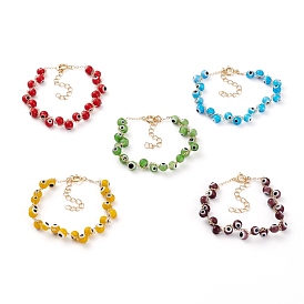 Handmade Evil Eye Lampwork  Beaded Bracelets, with Brass Cable Chains and Spring Ring Clasps, Round, Golden