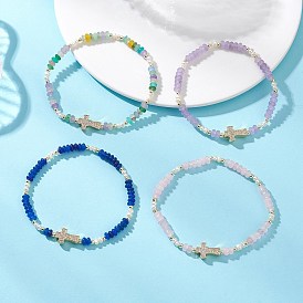 Браслеты-рондели из латуни с микропаве из прозрачных кубических цирконий, бусинами-крест, натуральным жемчугом и белым нефритом для женщин