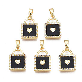 Brass Micro Pave Clear Cubic Zirconia Pendants, with Enamel, Cadmium Free & Nickel Free & Lead Free, Real 18K Gold Plated, Square with Heart