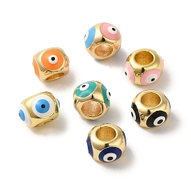 Brass Enamel European Beads, Large Hole Beads, Real 18K Gold Plated, Rondelle with Evil Eye