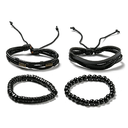 4pcs 4 ensemble de bracelets à cordon en simili cuir tressé réglable de style, bracelets extensibles en perles de bois et d'alliage pour hommes