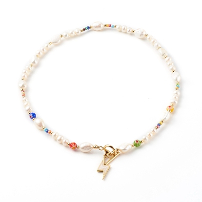 Lightning Brass Enamel Pendants Necklaces, with Natural Pearls and Glass Beads, Brass Beads, 304 Stainless Steel Toggle Clasps
