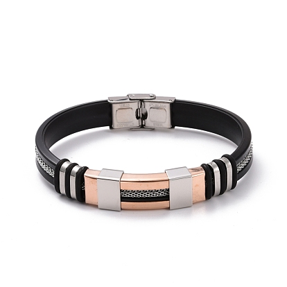 Men's Silicone Cord Bracelet, Titanium Steel Curved Tube Beads Friendship Bracelet, Black