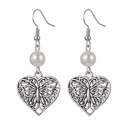 Tibetan Style Alloy Heart Jewelry Set, Glass Pearl Dangle Earrings & 304 Stainless Steel Chains Bib Necklace