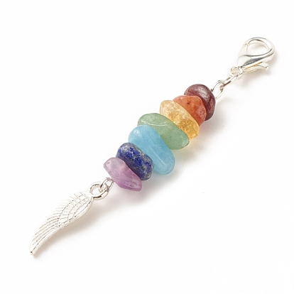 Chakra Theme Natural Gemstone Pendant Decorations, with Alloy Lobster Claw Clasps, Wing Pendant