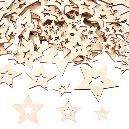 Hollow Natural Wood Pendants, Undyed, Wood Slice, Star