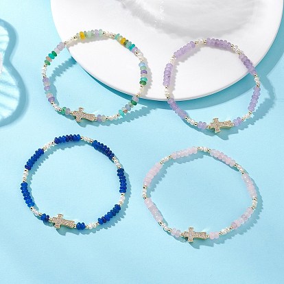 Браслеты-рондели из латуни с микропаве из прозрачных кубических цирконий, бусинами-крест, натуральным жемчугом и белым нефритом для женщин