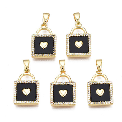Brass Micro Pave Clear Cubic Zirconia Pendants, with Enamel, Cadmium Free & Nickel Free & Lead Free, Real 18K Gold Plated, Square with Heart