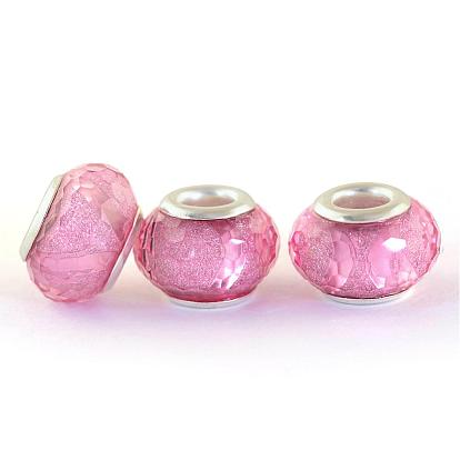 Resin European Beads, Large Hole Rondelle Beads, Faceted, with Silver Color Plated Brass Double Cores