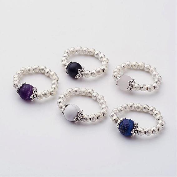 Edelstein Stretch-Ringe, mit versilberten Messingperlen, Runde