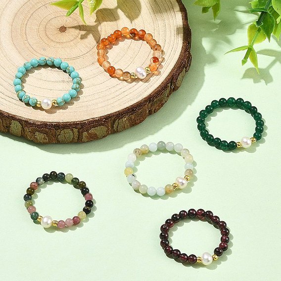 Synthetic Turquoise/Natura White Jade/Multicolor Tourmaline/Carnelian/Flower Amazonite & Cultured Freshwater Pearl Finger Rings, Round, Stretch Rings