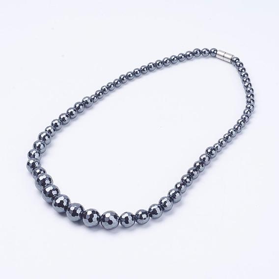 Non-magnétiques colliers d'hématite synthétiques, colliers de perles, avec fermoir magnétique, facette