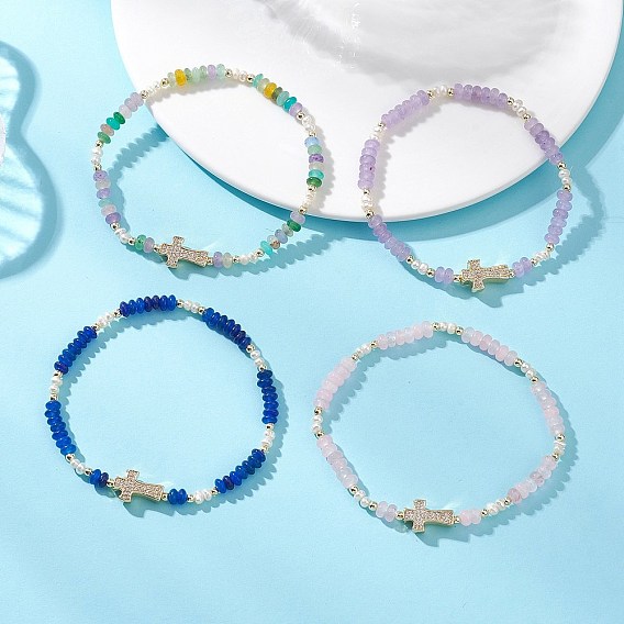 Браслеты-рондели из латуни с микропаве из прозрачных кубических цирконий, бусинами-крест, натуральным жемчугом и белым нефритом для женщин