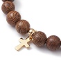 5Pcs 5 Style Natural Wenge Wood Round Beaded Stretch Bracelets Set, with 304 Stainless Steel Charms, Cross & Leaf & Butterfly