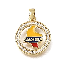 Brass Micro Pave Clear Cubic Zirconia Pendants, with Enamel, Flat Round with Colombia Flag Map Charms, Rack Plating, Long-Lasting Plated, Cadmium Free & Lead Free, Colorful