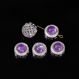 Natural Amethyst Beads, Alloy Flat Round Beads, Platinum