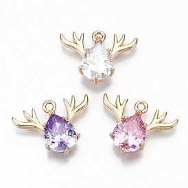 Brass Glass Rhinestone Pendants, Long-Lasting Plated, Cadmium Free & Lead Free, Christmas Reindeer/Stag, for Christmas