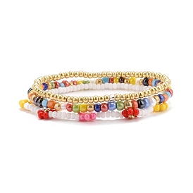 3Pcs 3 Style Glass Seed Stretch Beaded Bracelets Set, Baking Paint & Electroplate & Opaque Style Stackable Bracelets for Women Girls