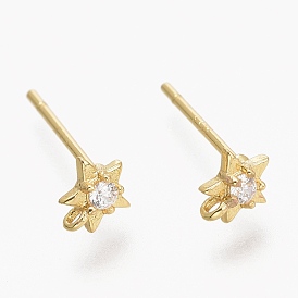 Brass Micro Pave Clear Cubic Zirconia Stud Earring Findings, with Silicone Ear Nuts, with Loop, Long-Lasting Plated, Star