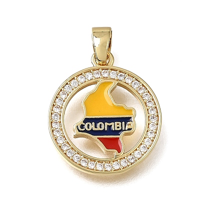 Brass Micro Pave Clear Cubic Zirconia Pendants, with Enamel, Flat Round with Colombia Flag Map Charms, Rack Plating, Long-Lasting Plated, Cadmium Free & Lead Free, Colorful