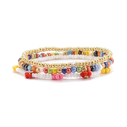 3Pcs 3 Style Glass Seed Stretch Beaded Bracelets Set, Baking Paint & Electroplate & Opaque Style Stackable Bracelets for Women Girls