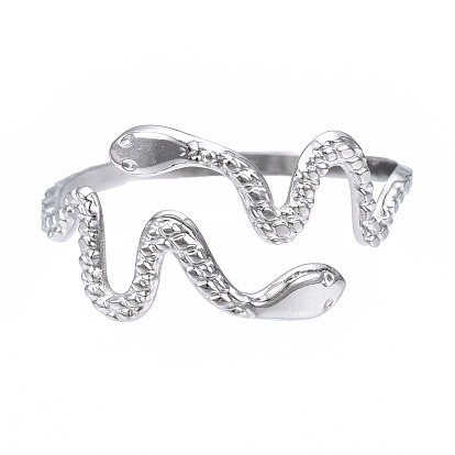 304 brazalete abierto con diseño de serpiente de acero inoxidable, anillo grueso hueco para mujer