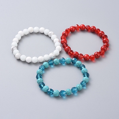 Synthetic Turquoise(Dyed) Beads Stretch Bracelets, with Glass Beads