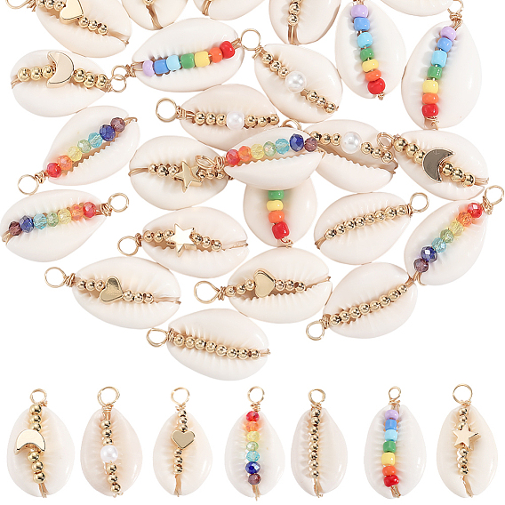 28 шт. 7 стили из натуральной раковины каури, медная проволока, обернутые подвески, Подвески-ракушки с золотистыми латунными бусинами-прокладками