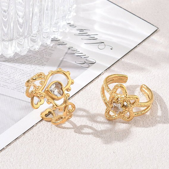 304 Stainless Steel Pave Cubic Zirconia Cuff Open Rings, Golden