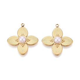 304 подвески из нержавеющей стали, с ABS имитации жемчуга, цветочный шарм, ионное покрытие (ip)