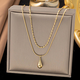 Teardrop 304 Stainless Steel Pendant Necklaces for Women, Double Layer Snake Chain Necklaces