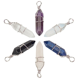 Faceted Bullet Gemstone Pointed Pendants, Wire Wrapped Pendants, with Platinum Plated Brass Wire