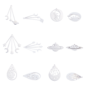 12Pcs 6 Style 201 Stainless Steel Pendants, Laser Cut, Space Theme Mixed Shapes