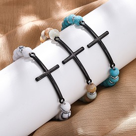 Круглые браслеты из натуральных и синтетических бусин из драгоценных камней, браслеты из нержавеющей стали с поперечными связями для женщин и мужчин, с синтетическим гематитом