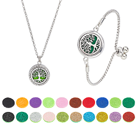 1 Наборы кулонов-медальонов из нержавеющей стали с полой плоской круглой формой и изображением древа жизни, а также 1 наборы браслетов-слайдеров., с 20шт. 2 вариантами хлопковых подушечек для духов